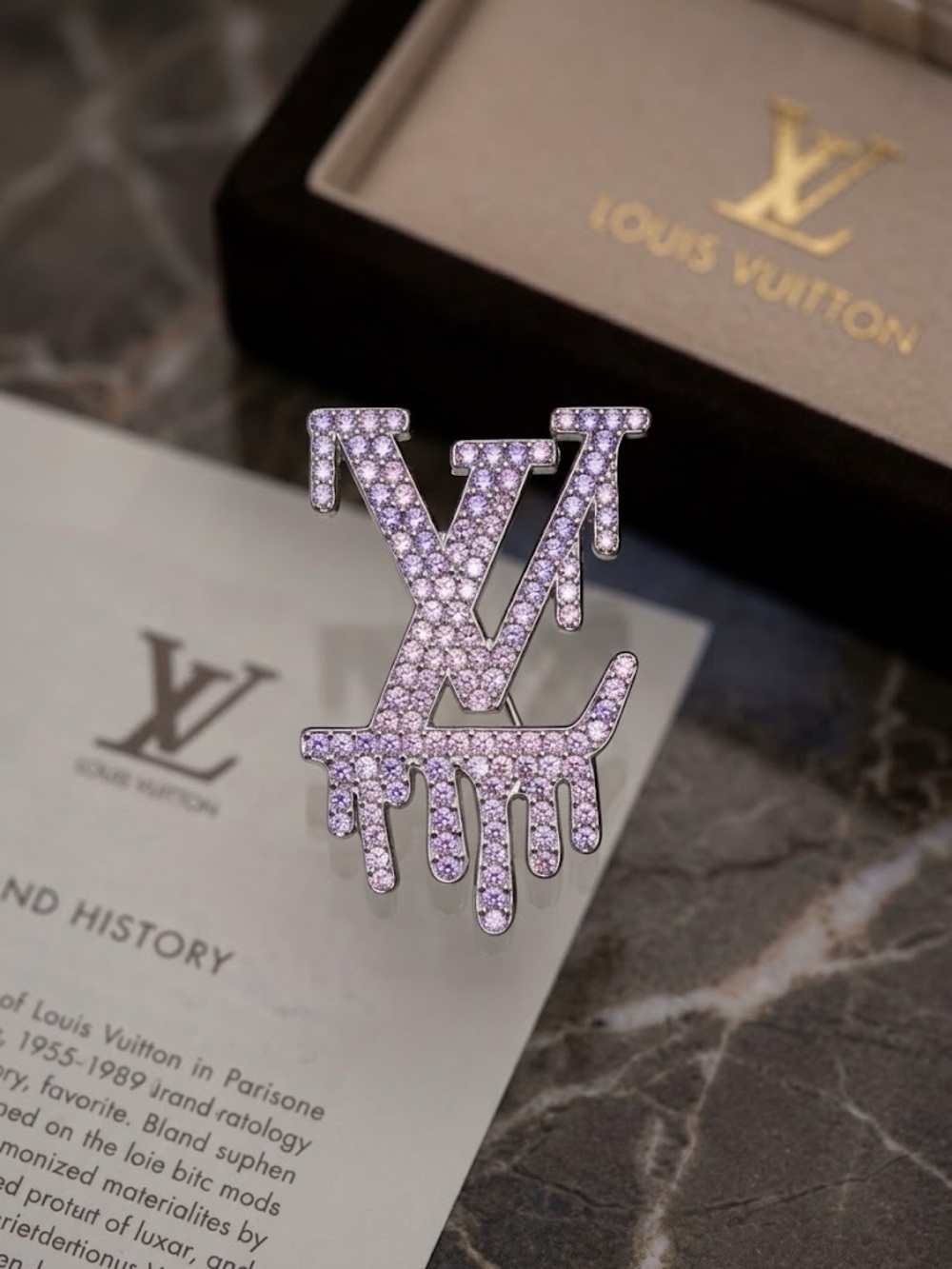 Source Unknown Lilac Crystal Drip LV Logo Brooch